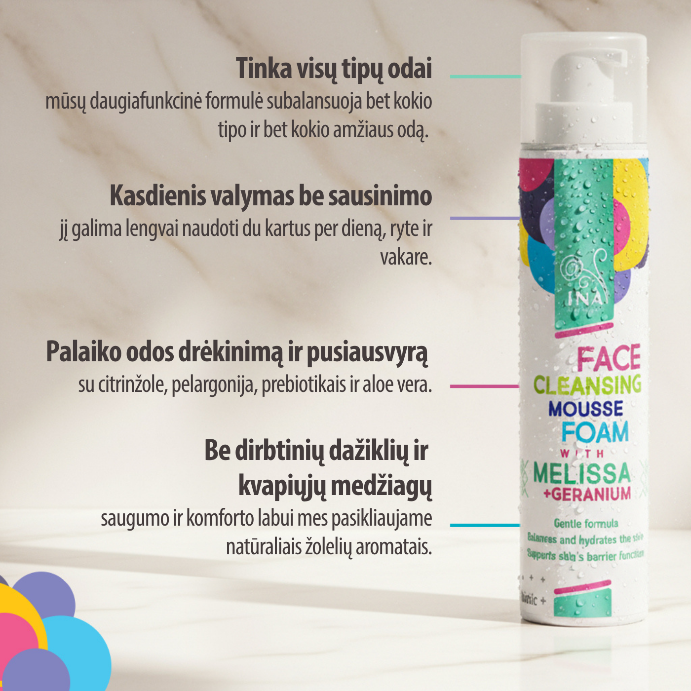 Natūralios valomosios putos veidui su Melisa ir Pelargonija