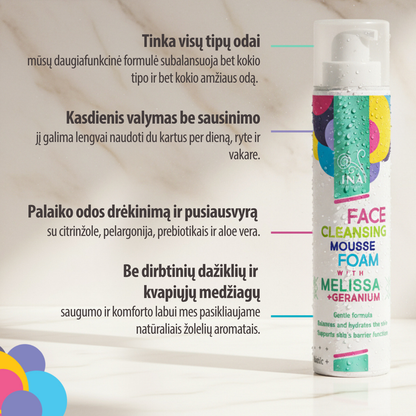 Natūralios valomosios putos veidui su Melisa ir Pelargonija