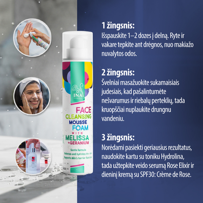 Natūralios valomosios putos veidui su Melisa ir Pelargonija
