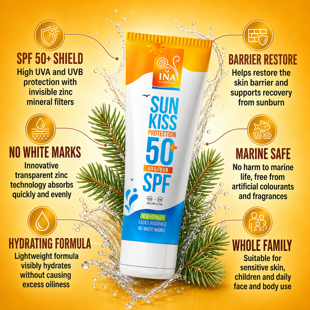 Šeimos rinkinys apsaugai nuo saulės – 2+1 Natūralus Veido ir Kūno Apsaugos nuo Saulės Kremas SPF 50+ su Organine Baltąja Egle