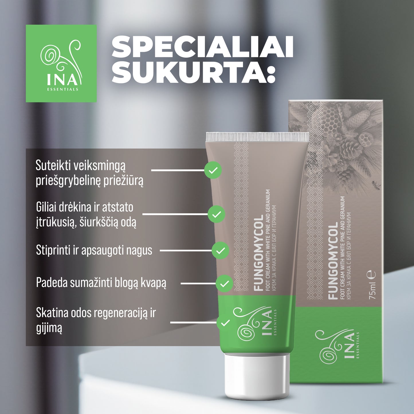 2 viename Kremas nuo nagų grybelio ir sausos, šerpetojančios odos - su baltąja pušimi, karbamidu ir pelargonijomis