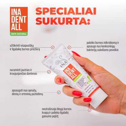 YPATINGA PRIEIGA Natūrali dantų pasta be fluoro su dūmų medžiu, Juodosios jūros mineralais – Ina Dent-All