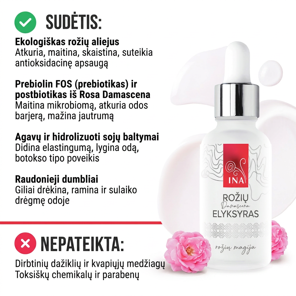 YPATINGA PRIEIGA Intensyvus senėjimą stabdantis veido serumas su ekologišku rožių aliejumi – Rose Elixir